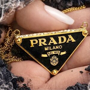 Prada Milano 18K Gold Plated Triangle Necklace Italy Logo Tag Luxe Icon